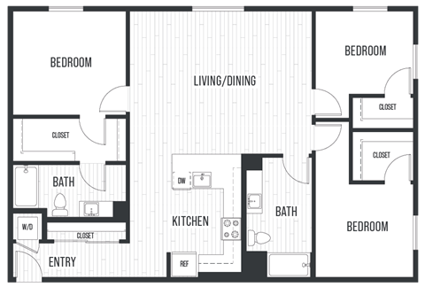 Floor plan for 3 beds, 2 baths, 1579 sqft